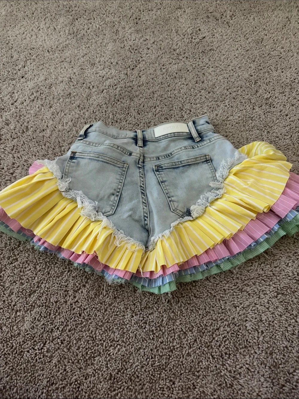 AKIRA Light Wash Denim Shorts with Yellow Pink Green Ruffle Trim